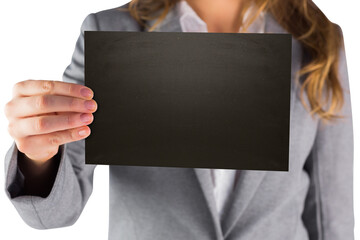 Digital png photo of mid section of businesswoman holding black card on transparent background