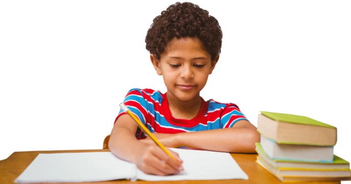 Digital png photo of happy biracial boy writing in notebook on transparent background