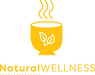Digital png illustration of natural wellness text and yellow cup of tea on transparent background
