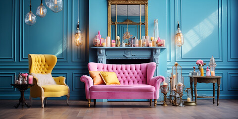 stylish living room with yellow sofa and pink  couch, Trendy Living Space with Stylish Yellow Sofa and Pink Couch