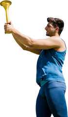 Digital png photo of caucasian sportsman holding olympic torch on transparent background - obrazy, fototapety, plakaty