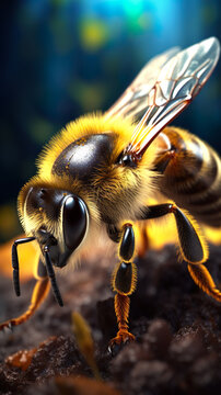 Macro image style, bee close up in its natural habitat highly detailed, 4k, 3d, nature  background.