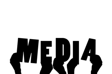 Digital png illustration of hands with media text on transparent background