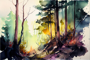 Forest landscape. Watercolor paints. Splashes and stains of colored watercolor around.