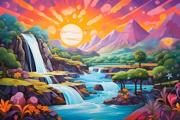 Crédence de cuisine en verre imprimé Montagnes colourful cartoon style painting of the mountain waterfall landscape, a picturesque natural environment in bright colours