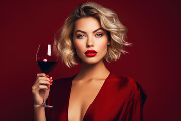 Portrait of sexual young woman with red lipstick standing with glass of red wine on red background