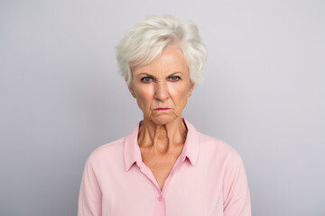 Elderly white woman with a stern and annoyed facial expression - obrazy, fototapety, plakaty
