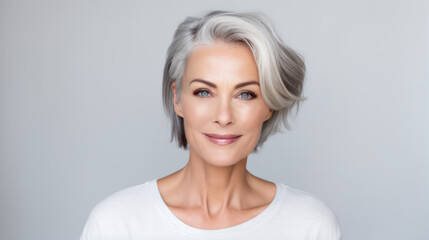 Portrait of beautiful mature woman with grey hair on grey background.