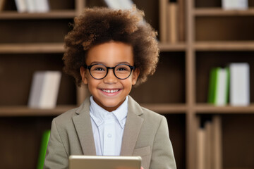 Happy boy in glasses and suit using laptop in library.