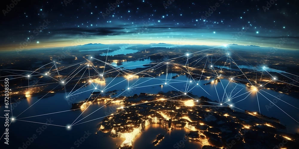 Poster Communication technology with global internet network connected in Europe. Telecommunication and data transfer european connection links. IoT, finance, business, blockchain, security. : Generative AI