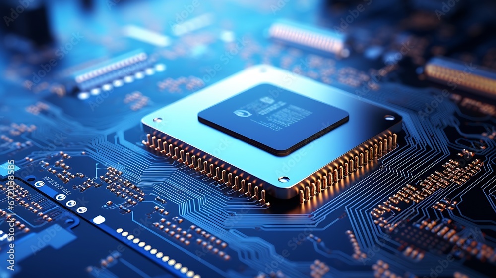 Poster Integrated semiconductor microchip/ microprocessor on blue circuit board representative of the high tech industry and computer science : Generative AI