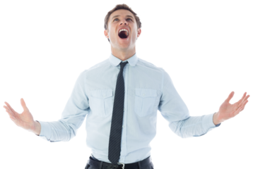 Digital png photo of caucasian businessman screaming on transparent background