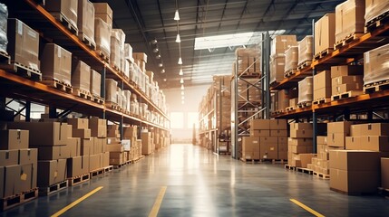 Retail Warehouse full of Shelves with Goods in Cardboard Boxes and Packages. Logistics, Sorting and Distribution Facility for Product Delivery. : Generative AI