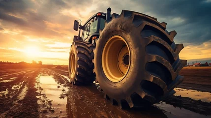 Deurstickers Big rubber wheels of soil grade tractor car earthmoving at road construction side. Close-up of a dirty loader wheel with a large tread with sky sunset : Generative AI © Generative AI