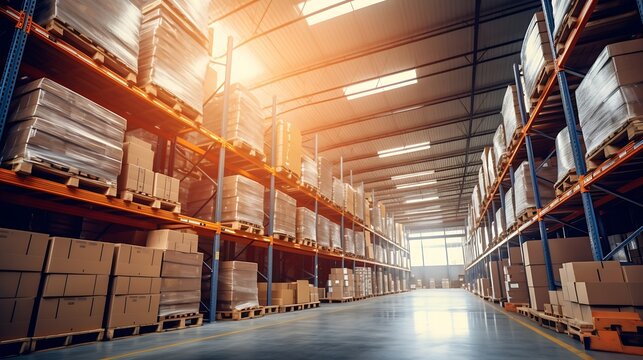 Warehouse industrial and logistics companies. Commercial warehouse. Huge distribution warehouse with high shelves. Low angle view. : Generative AI