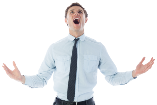 Digital png photo of caucasian businessman screaming on transparent background