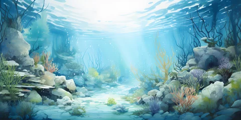 Tuinposter watercolour painting of the underwater ocean reef landscape, a picturesque natural environment in soft harmonious colours © sam