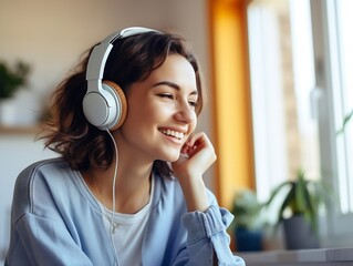 Caucasian beautiful woman smiling at home in headphones . Short brunette hair young girl wearing blue jeans listen music at home. Use technology, lifestyle concept : Generative AI