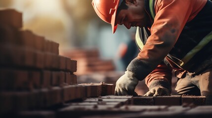 Close up of industrial bricklayer installing bricks on construction site : Generative AI