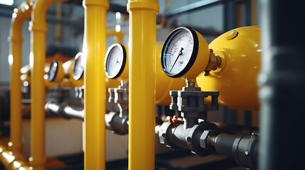 Gas equipment close-up. Compressor station with pressure gauges. Gas equipment inside factory building. Yellow pipes on metal supports. Supply of production with natural gas. : Generative AI