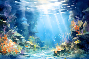 watercolour painting of the underwater ocean reef landscape, a picturesque natural environment in soft harmonious colours