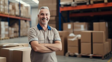 Mature man smiling at the camera while packing cardboard boxes in a distribution warehouse. Happy logistics worker preparing goods for shipment in a large fulfillment centre. : Generative AI
