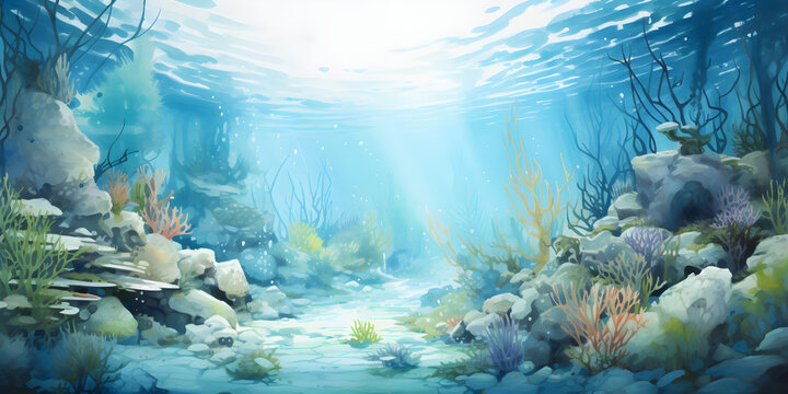 watercolour painting of the underwater ocean reef landscape, a picturesque natural environment in soft harmonious colours