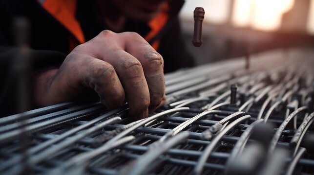 A worker uses steel tying wire to fasten steel rods to reinforcement bars. Close-up. Reinforced concrete structures - knitting of a metal reinforcing cage : Generative AI