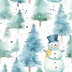 Festive Watercolor Snowman Seamless Pattern Holiday