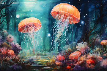 watercolour painting of jellyfish underwater in ocean landscape, a picturesque natural environment in soft harmonious colours - obrazy, fototapety, plakaty