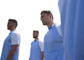 Digital png photo of diverse male rugby players on transparent background