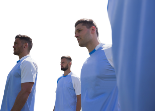 Digital png photo of diverse male rugby players on transparent background