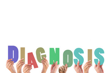 Fototapeta premium Digital png illustration of hands with diagnosis text on transparent background