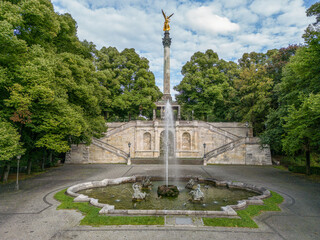 aerial golden peace angel Friedensengel in Muenchen City Statue Munich fountain