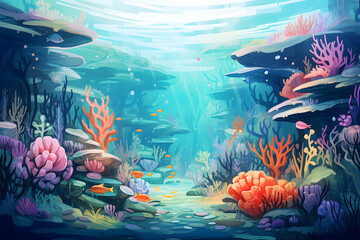 Fototapeta na wymiar colourful cute and simple painting of the underwater ocean reef landscape, a picturesque natural environment in bright colours