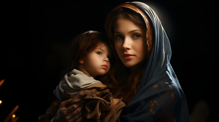 Holy Mary holding baby Jesus Christ in her arms. Graphic representation - obrazy, fototapety, plakaty