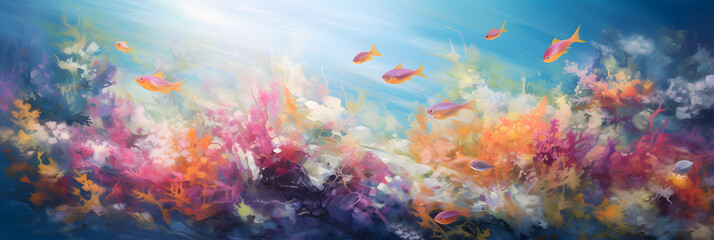 Obraz na płótnie Canvas colourful impressionist painting of the underwater ocean reef landscape, a picturesque natural environment in bright colours