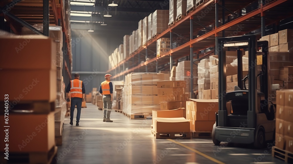 Poster retail warehouse full of shelves with goods in cardboard boxes, workers scan and sort packages, move