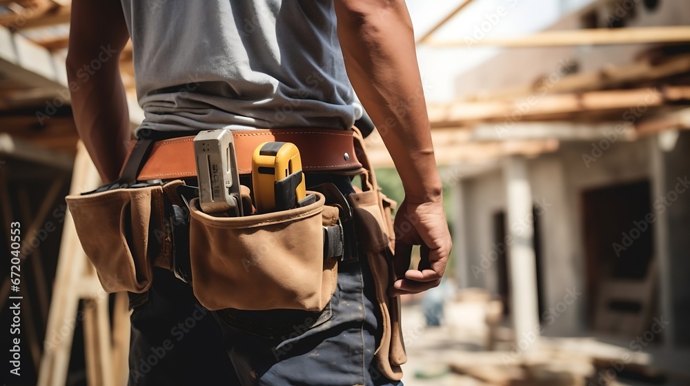 Aufkleber Close-up building engineer with toolbelt going to do inner works in house : Generative AI