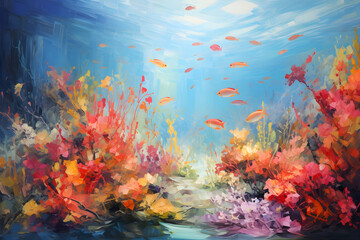 Fototapeta na wymiar colourful impressionist painting of the underwater ocean reef landscape, a picturesque natural environment in bright colours