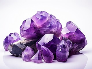Raw brazilian and african amethyst gemstones isolated on white background. : Generative AI