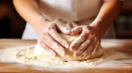 Obraz na płótnie Canvas woman hands preparing dough top down view : Generative AI