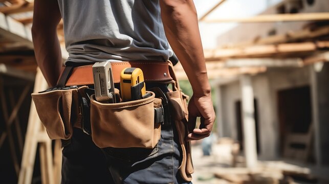 Close-up building engineer with toolbelt going to do inner works in house : Generative AI