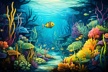 Fototapeta na wymiar colourful cartoon style painting of the underwater ocean reef landscape, a picturesque natural environment in bright colours