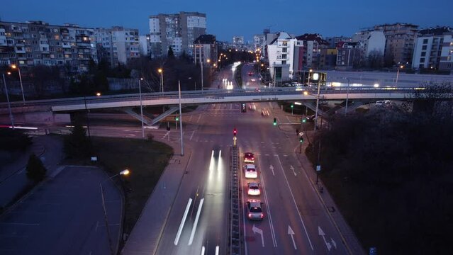 Drone hyperlapse over 'Andrey Lyapchev' Boulevard in Sofia, Bulgaria at night