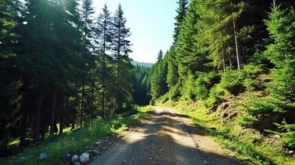 Fototapeta na wymiar Driving through a green forest in the mountains. HIgh altitude conifer forest. Dirt road trail. Drivers seat