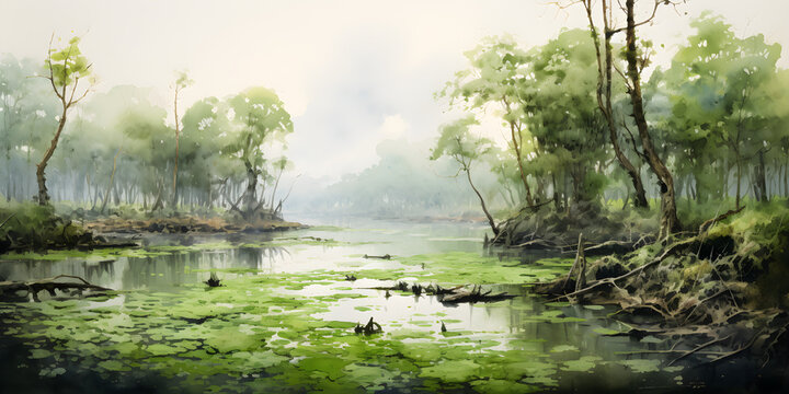 watercolour painting of the swamp landscape, a picturesque natural environment in soft harmonious colours
