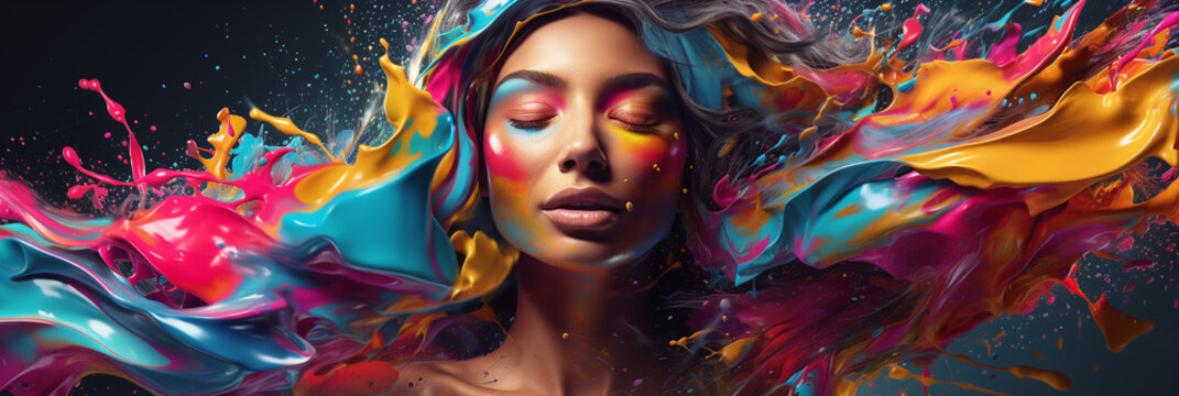 Banner format featuring the face of an Afro American woman with eyes closed, surrounded by vibrant color splashes enhancing her expressive features.