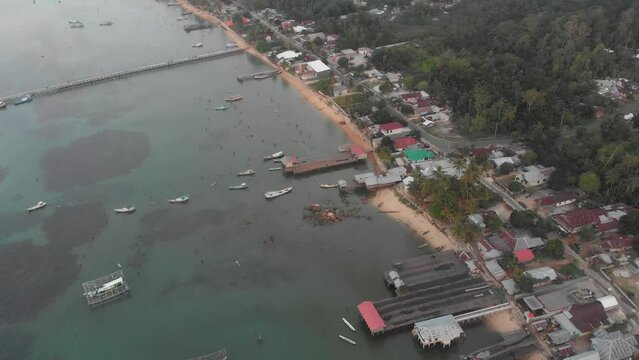 Wide view of Tanjung Binga fishing Village in Belitung Island, aerial