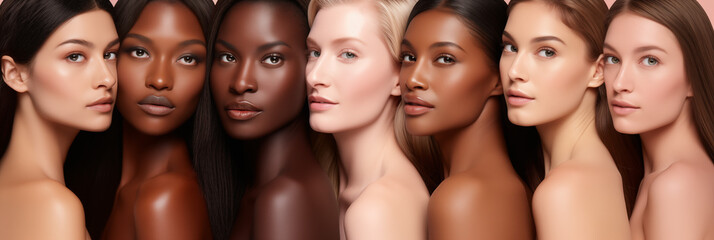 A banner format featuring women of diverse ethnicities and skin tones closely united, celebrating diversity and multiculturalism.